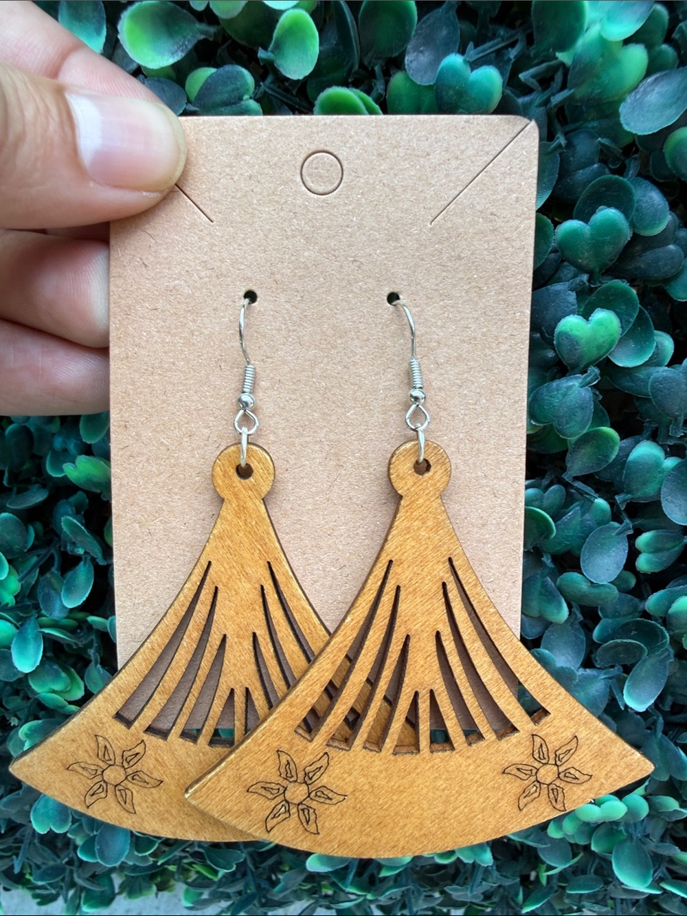Hand Crafted Fan-Shaped Wooden Dangle Earrings - Brown
